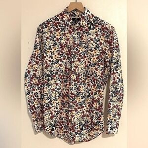 BORONEA | Men's Caribbean Resort Hawaiian Red Yellow Floral Button Down Shirt, L